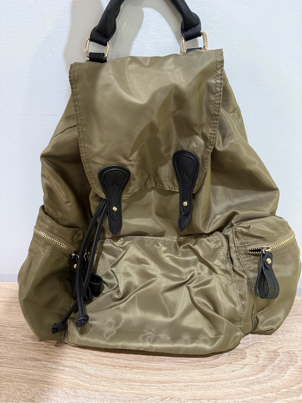 KOAN Olive Green Nylon Drawstring Backpack Purse Rucksack Utility Travel School